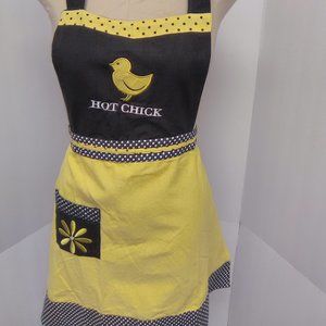 Flirty Women's Apron Hot Chick With A Yellow Chick Color Black/Yellow Poka Dots
